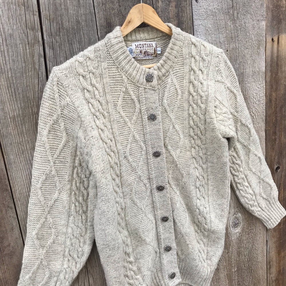 VTG Cableknit Fisherman’s Sweater Cardigan Montana Woolen Shop, size Medium - Picture 2 of 6